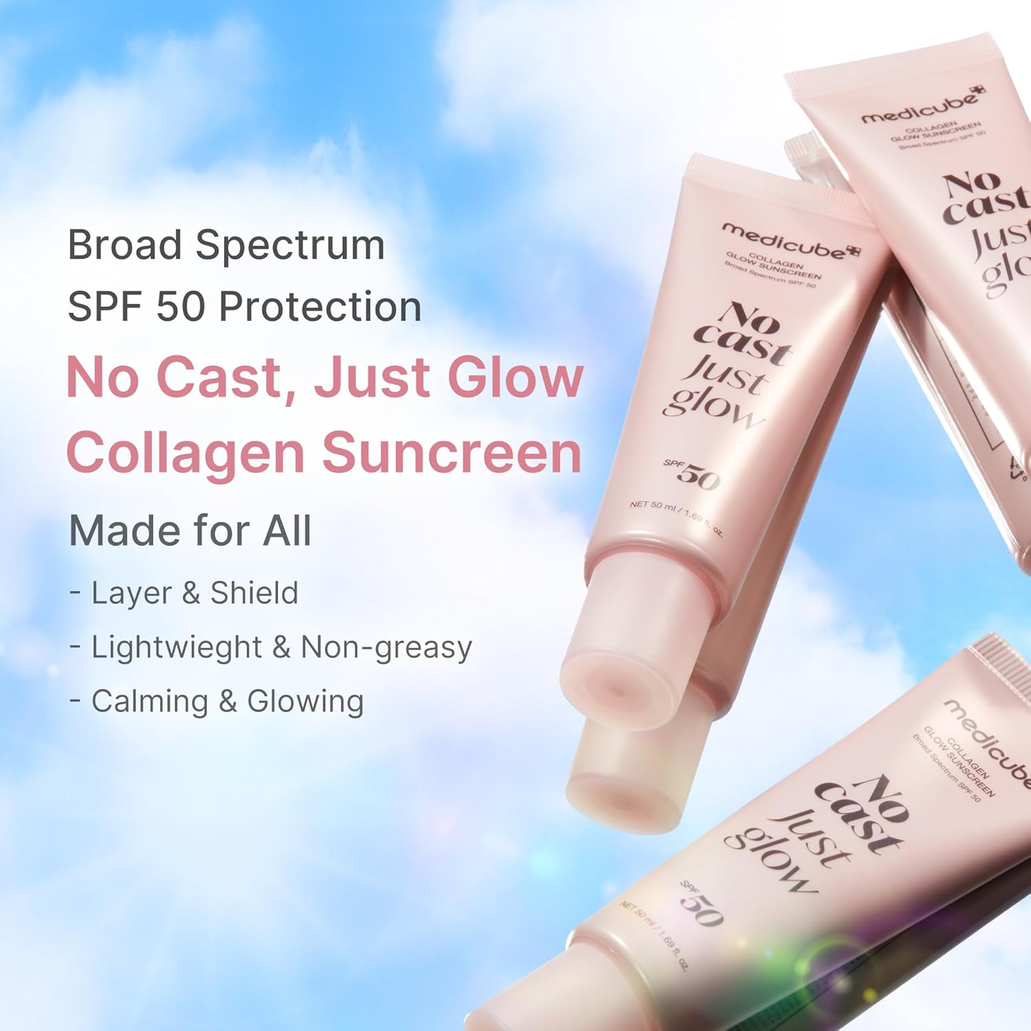 medicube No Cast Just Glow Collagen Sunscreen | SPF 50 Broad Spectrum Face Sunscreen | Lightweight, Non-Sticky, Hydrating Formula | Peptide, Cica for Soothing & Glow | Korean Skincare