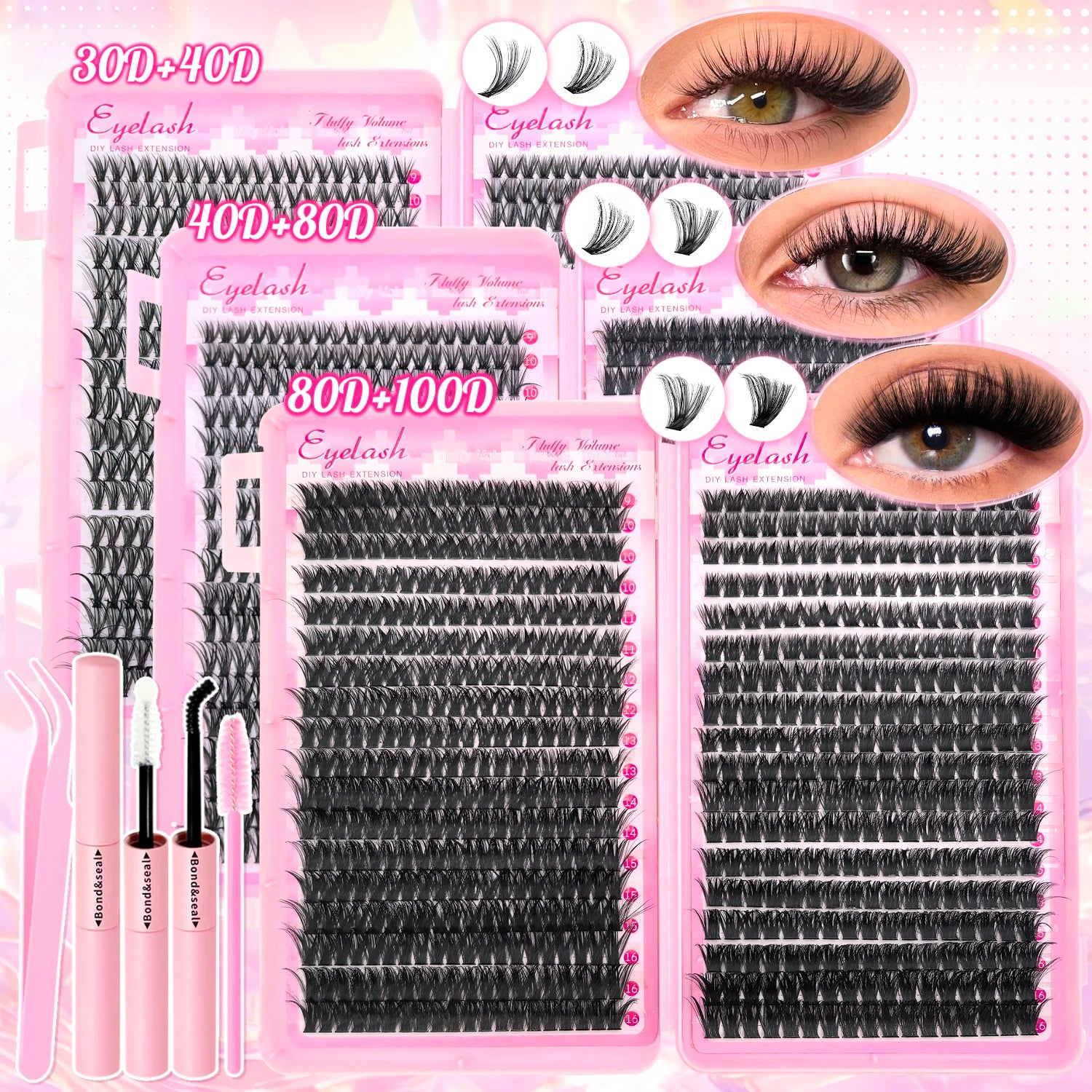 DIY Lash Extension Kit 9/16mm Clusters Bond Seal Wispy Natural