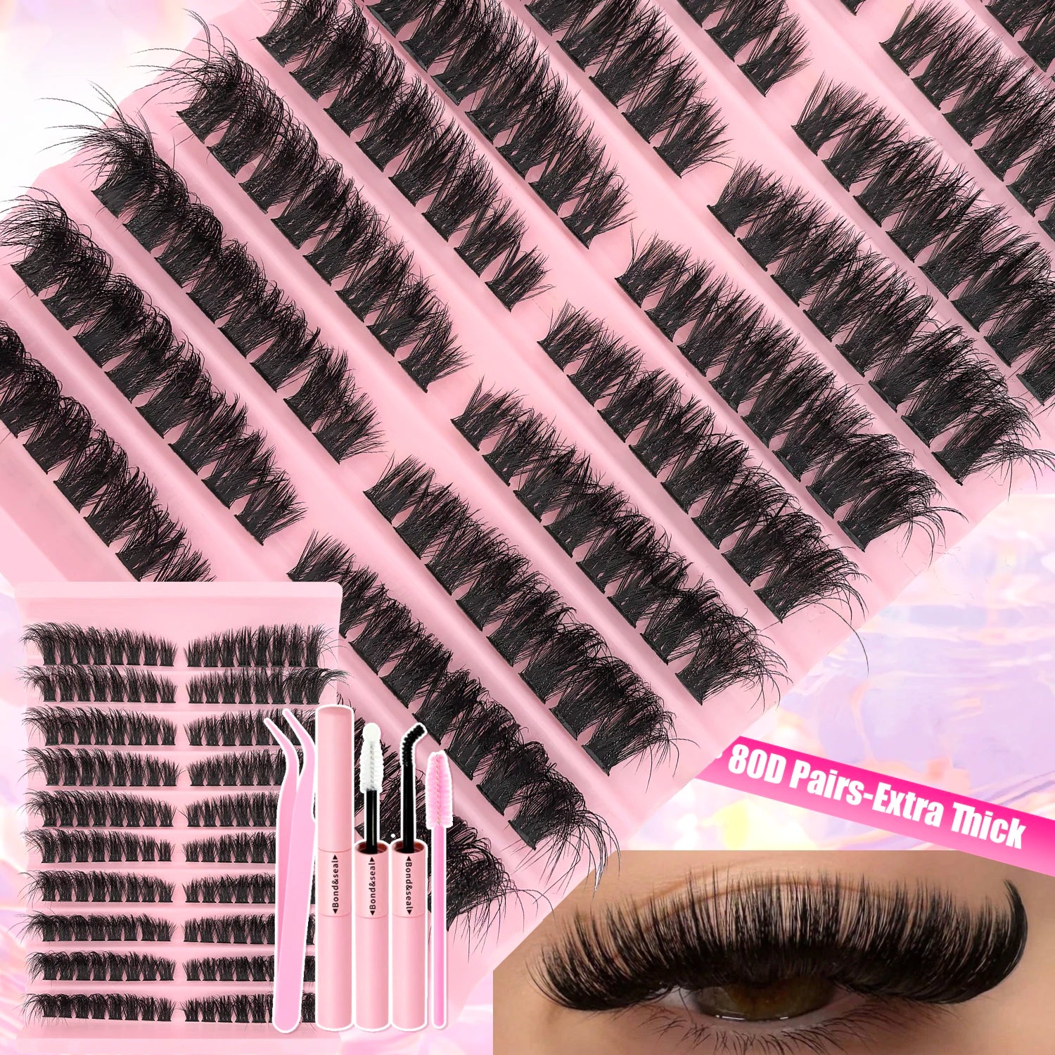 DIY Lash Extension Kit 9/16mm Clusters Bond Seal Wispy Natural