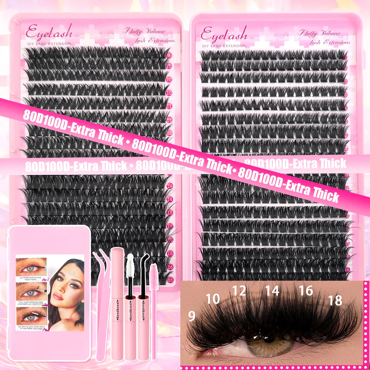 DIY Lash Extension Kit 9/16mm Clusters Bond Seal Wispy Natural