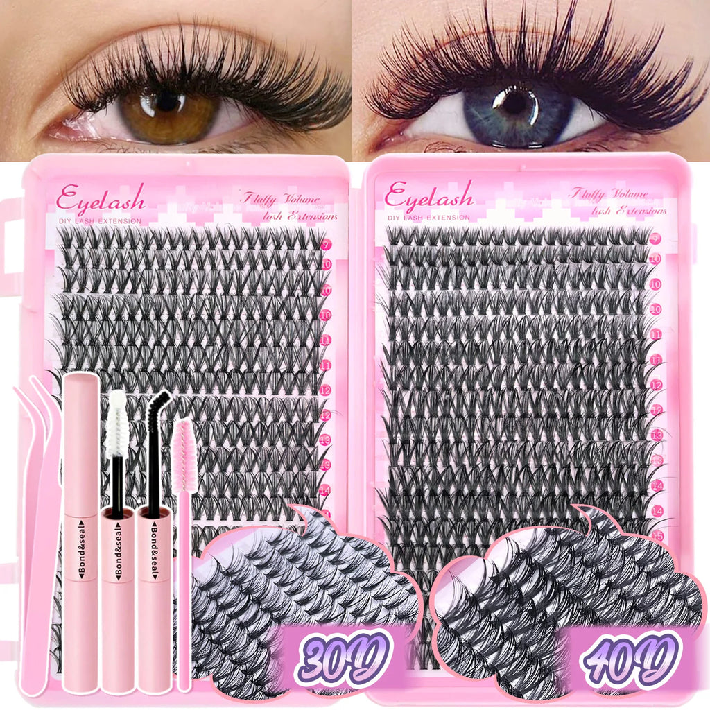 DIY Lash Extension Kit 9/16mm Clusters Bond Seal Wispy Natural
