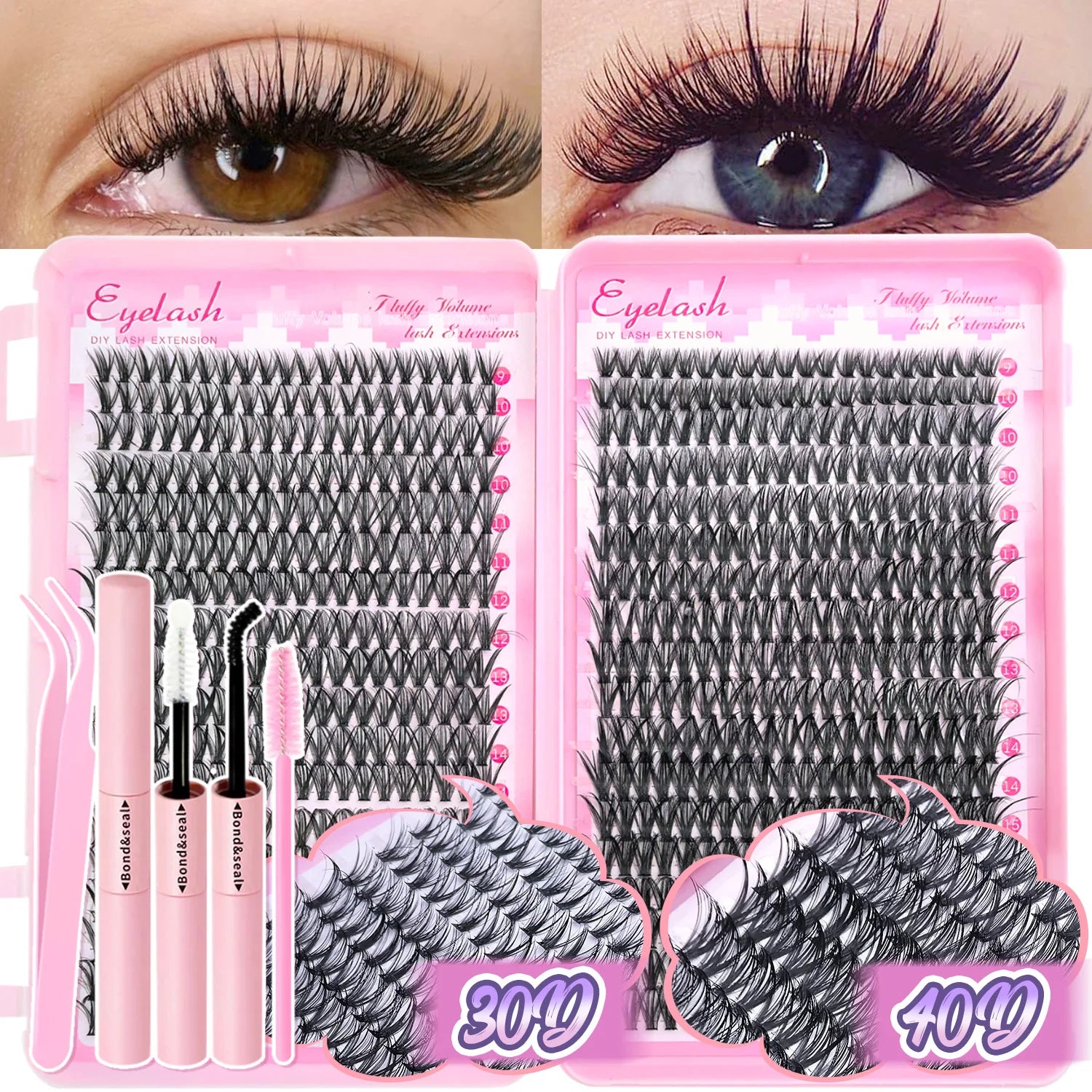 DIY Lash Extension Kit 9/16mm Clusters Bond Seal Wispy Natural