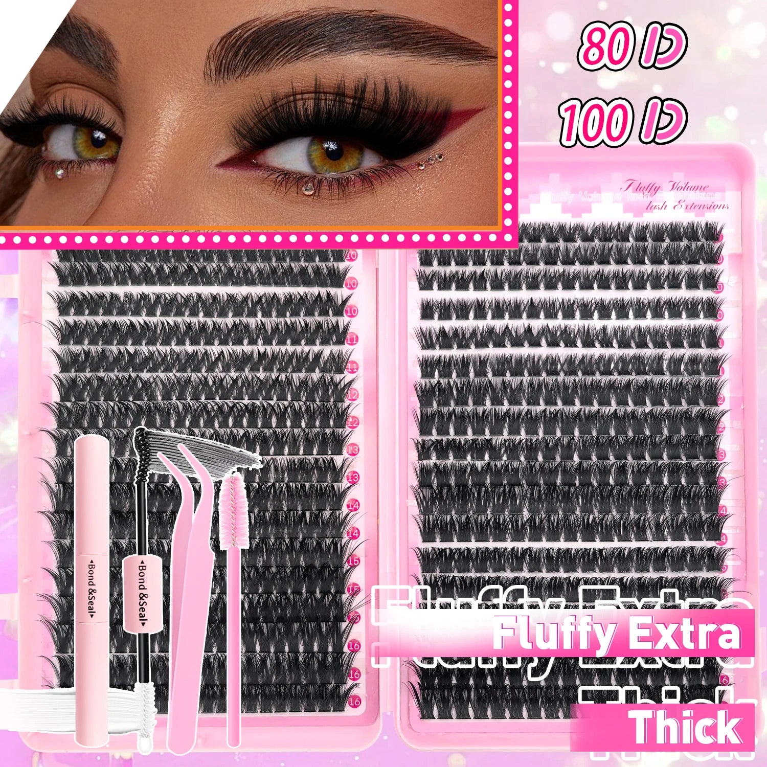 DIY Lash Extension Kit 9/16mm Clusters Bond Seal Wispy Natural