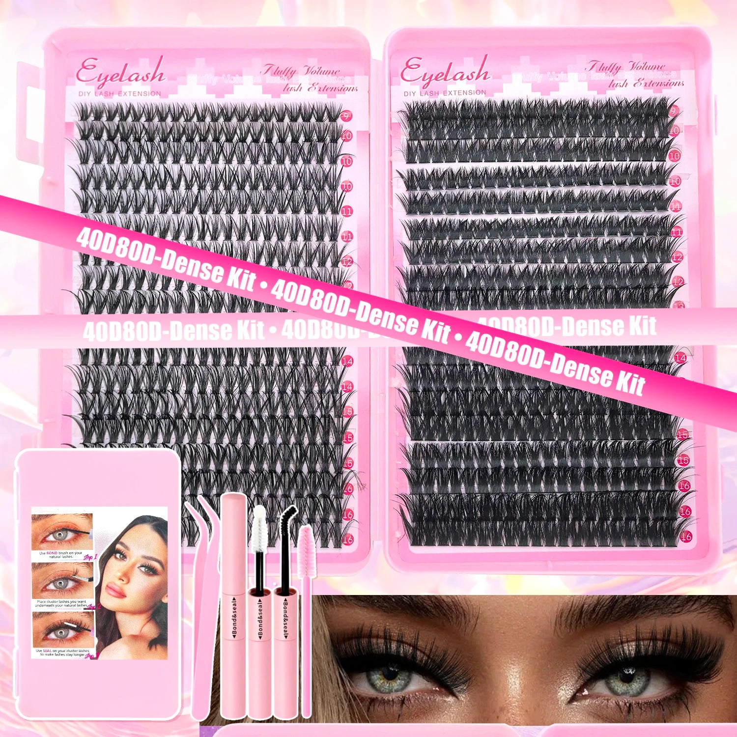 DIY Lash Extension Kit 9/16mm Clusters Bond Seal Wispy Natural