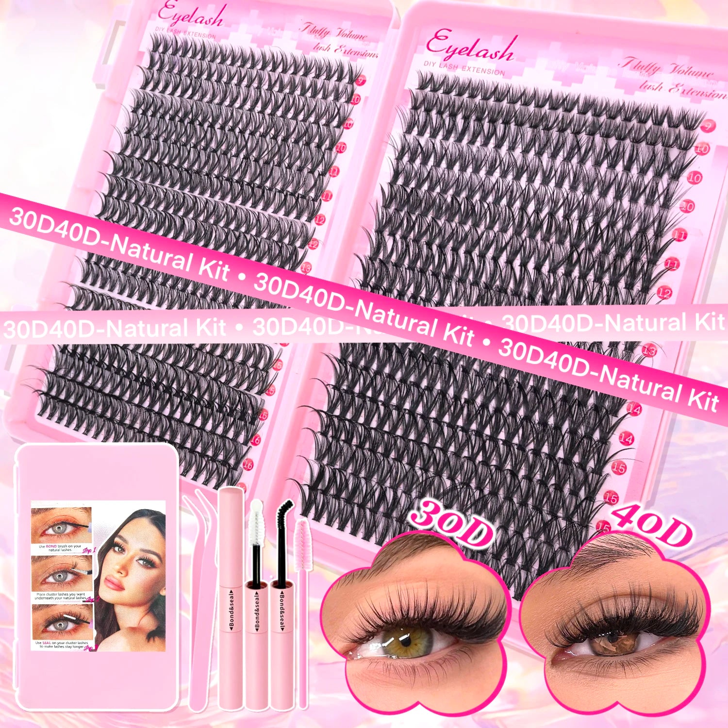 DIY Lash Extension Kit 9/16mm Clusters Bond Seal Wispy Natural